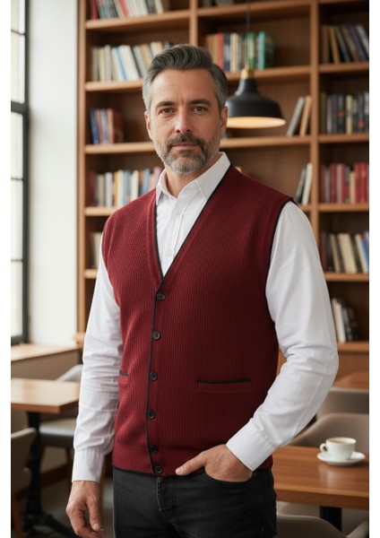 Erkek V Yaka Triko Düğmeli Cepli Çizgi Desenli Regular Fit Tüylenmeyen Örgü Yelek