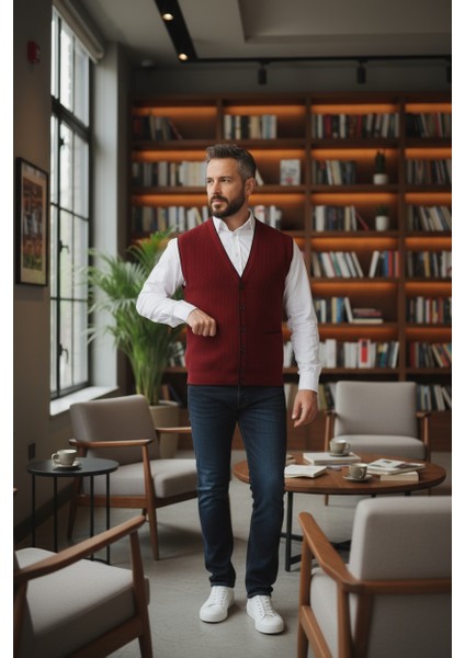 Erkek V Yaka Triko Düğmeli Cepli Çizgi Desenli Regular Fit Tüylenmeyen Örgü Yelek fiyatları