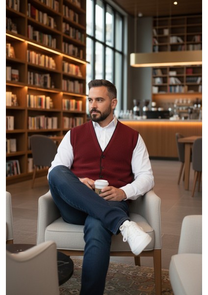 Erkek V Yaka Triko Düğmeli Cepli Çizgi Desenli Regular Fit Tüylenmeyen Örgü Yelek modelleri