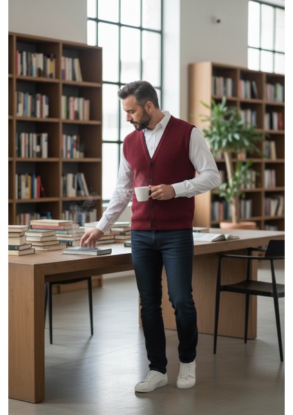 Erkek V Yaka Triko Düğmeli Cepli Çizgi Desenli Regular Fit Tüylenmeyen Örgü Yelek fırsatları