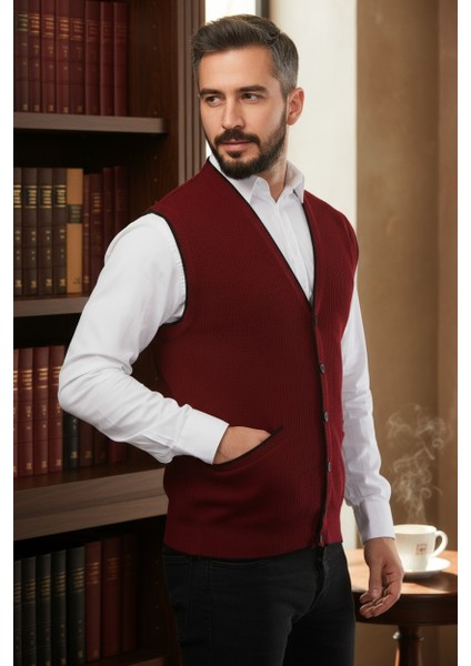 Erkek V Yaka Triko Düğmeli Cepli Çizgi Desenli Regular Fit Tüylenmeyen Örgü Yelek indirimleri