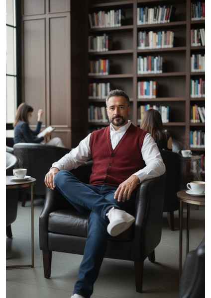 Erkek V Yaka Triko Düğmeli Cepli Çizgi Desenli Regular Fit Tüylenmeyen Örgü Yelek