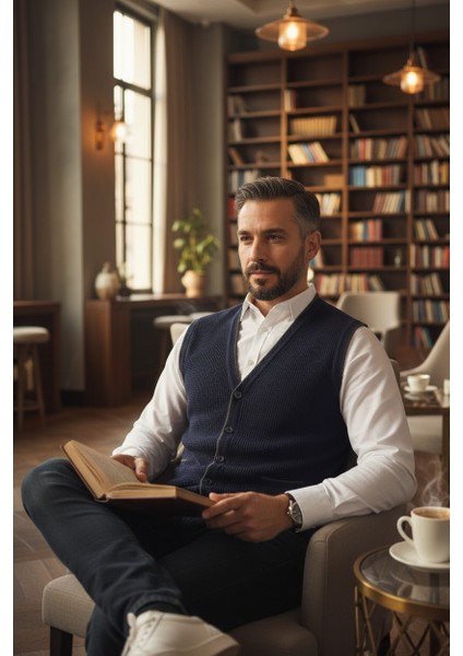 Erkek V Yaka Triko Düğmeli Cepli Çizgi Desenli Regular Fit Tüylenmeyen Örgü Yelek indirimleri