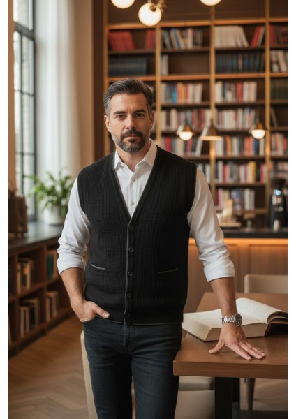 Erkek V Yaka Triko Düğmeli Cepli Çizgi Desenli Regular Fit Tüylenmeyen Örgü Yelek modelleri