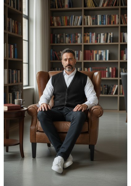 Erkek V Yaka Triko Düğmeli Cepli Çizgi Desenli Regular Fit Tüylenmeyen Örgü Yelek