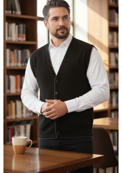 Erkek V Yaka Triko Düğmeli Cepli Çizgi Desenli Regular Fit Tüylenmeyen Örgü Yelek fiyatları