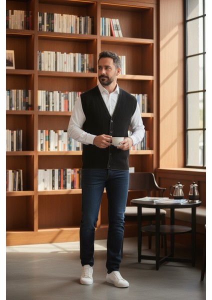 Erkek V Yaka Triko Düğmeli Cepli Çizgi Desenli Regular Fit Tüylenmeyen Örgü Yelek fırsatları