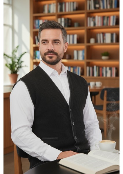 Erkek V Yaka Triko Düğmeli Cepli Çizgi Desenli Regular Fit Tüylenmeyen Örgü Yelek indirimleri