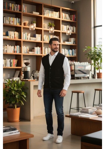 Erkek V Yaka Triko Düğmeli Cepli Çizgi Desenli Regular Fit Tüylenmeyen Örgü Yelek