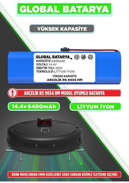 Arçelik Robo Rs 9034 Hm Uyumlu Akıllı Robot Süpürge Bataryası 14.4V 6400MAH Pil (Yüksek Kapasite)