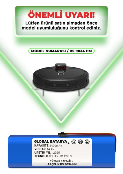 Arçelik Robo Rs 9034 Hm Uyumlu Akıllı Robot Süpürge Bataryası 14.4V 6400MAH Pil (Yüksek Kapasite) indirimleri