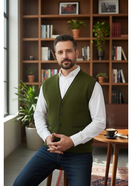 Erkek V Yaka Triko Düğmeli Cepli Çizgi Desenli Regular Fit Tüylenmeyen Örgü Yelek