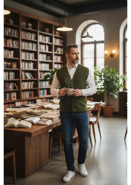 Erkek V Yaka Triko Düğmeli Cepli Çizgi Desenli Regular Fit Tüylenmeyen Örgü Yelek fiyatları