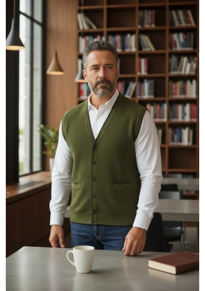 Erkek V Yaka Triko Düğmeli Cepli Çizgi Desenli Regular Fit Tüylenmeyen Örgü Yelek modelleri