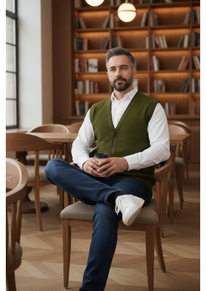 Erkek V Yaka Triko Düğmeli Cepli Çizgi Desenli Regular Fit Tüylenmeyen Örgü Yelek fırsatları