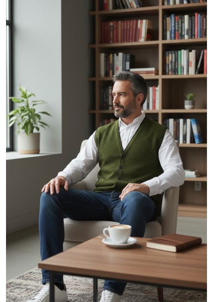 Erkek V Yaka Triko Düğmeli Cepli Çizgi Desenli Regular Fit Tüylenmeyen Örgü Yelek