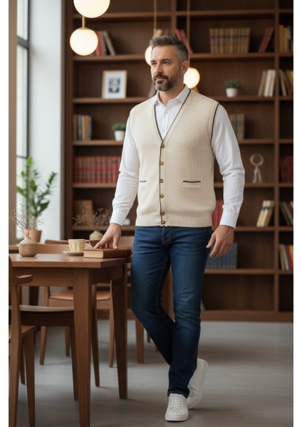 Erkek V Yaka Triko Düğmeli Cepli Çizgi Desenli Regular Fit Tüylenmeyen Örgü Yelek