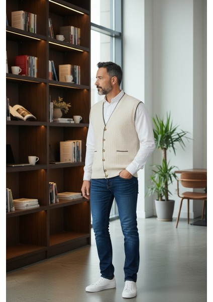 Erkek V Yaka Triko Düğmeli Cepli Çizgi Desenli Regular Fit Tüylenmeyen Örgü Yelek fiyatları