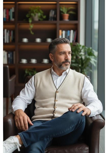 Erkek V Yaka Triko Düğmeli Cepli Çizgi Desenli Regular Fit Tüylenmeyen Örgü Yelek modelleri