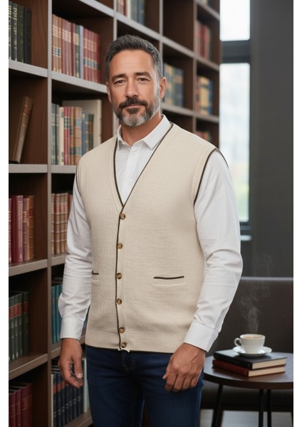 Erkek V Yaka Triko Düğmeli Cepli Çizgi Desenli Regular Fit Tüylenmeyen Örgü Yelek fırsatları