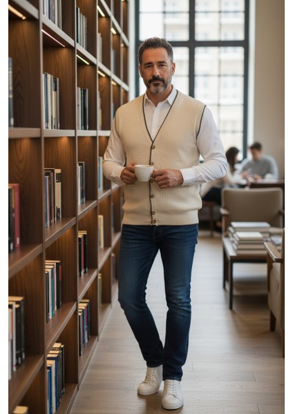 Erkek V Yaka Triko Düğmeli Cepli Çizgi Desenli Regular Fit Tüylenmeyen Örgü Yelek