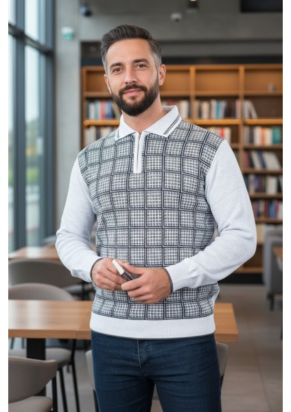 Erkek Çelik Örgü Kazayağı Model Gömlek Yaka Fermuarlı Polo Yaka Tüylenmeyen Triko Kışlık Baba Kazak