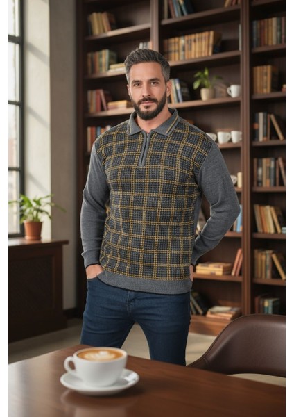 Erkek Çelik Örgü Kazayağı Model Gömlek Yaka Fermuarlı Polo Yaka Tüylenmeyen Triko Kışlık Baba Kazak