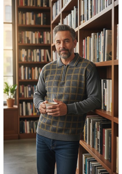 Erkek Çelik Örgü Kazayağı Model Gömlek Yaka Fermuarlı Polo Yaka Tüylenmeyen Triko Kışlık Baba Kazak fırsatları