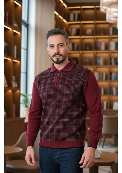 Erkek Çelik Örgü Kazayağı Model Gömlek Yaka Fermuarlı Polo Yaka Tüylenmeyen Triko Kışlık Baba Kazak