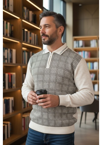 Erkek Çelik Örgü Kazayağı Model Gömlek Yaka Fermuarlı Polo Yaka Tüylenmeyen Triko Kışlık Baba Kazak