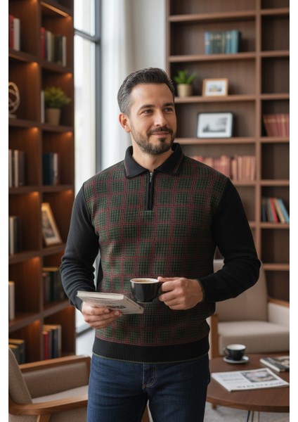 Erkek Çelik Örgü Kazayağı Model Gömlek Yaka Fermuarlı Polo Yaka Tüylenmeyen Triko Kışlık Baba Kazak