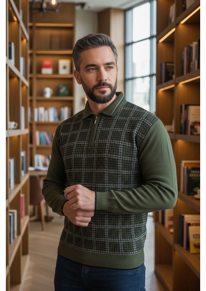 Erkek Çelik Örgü Kazayağı Model Gömlek Yaka Fermuarlı Polo Yaka Tüylenmeyen Triko Kışlık Baba Kazak