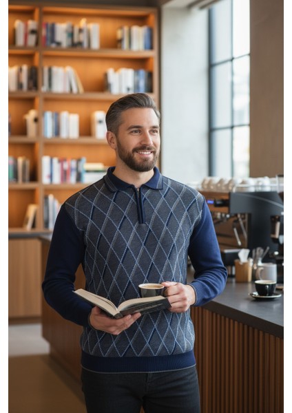 Erkek Çelik Örgü Ekose Desenli Gömlek Yaka Fermuarlı Polo Yakalı Tüylenmez Triko Kışlık Baba Kazak