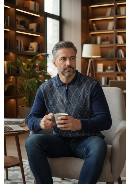 Erkek Çelik Örgü Ekose Desenli Gömlek Yaka Fermuarlı Polo Yakalı Tüylenmez Triko Kışlık Baba Kazak modelleri