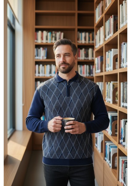 Erkek Çelik Örgü Ekose Desenli Gömlek Yaka Fermuarlı Polo Yakalı Tüylenmez Triko Kışlık Baba Kazak fırsatları