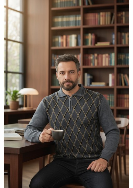 Erkek Çelik Örgü Ekose Desenli Gömlek Yaka Fermuarlı Polo Yakalı Tüylenmez Triko Kışlık Baba Kazak