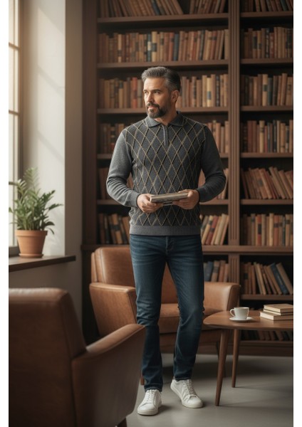 Erkek Çelik Örgü Ekose Desenli Gömlek Yaka Fermuarlı Polo Yakalı Tüylenmez Triko Kışlık Baba Kazak fiyatları