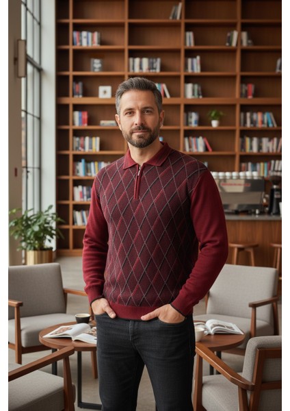 Erkek Çelik Örgü Ekose Desenli Gömlek Yaka Fermuarlı Polo Yakalı Tüylenmez Triko Kışlık Baba Kazak fırsatları