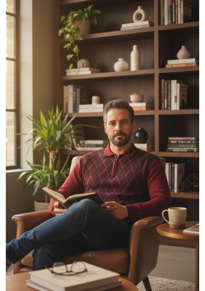 Erkek Çelik Örgü Ekose Desenli Gömlek Yaka Fermuarlı Polo Yakalı Tüylenmez Triko Kışlık Baba Kazak fiyatları