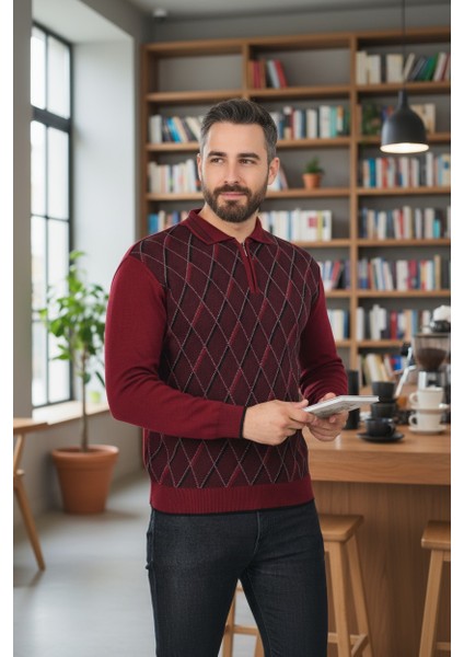 Erkek Çelik Örgü Ekose Desenli Gömlek Yaka Fermuarlı Polo Yakalı Tüylenmez Triko Kışlık Baba Kazak modelleri