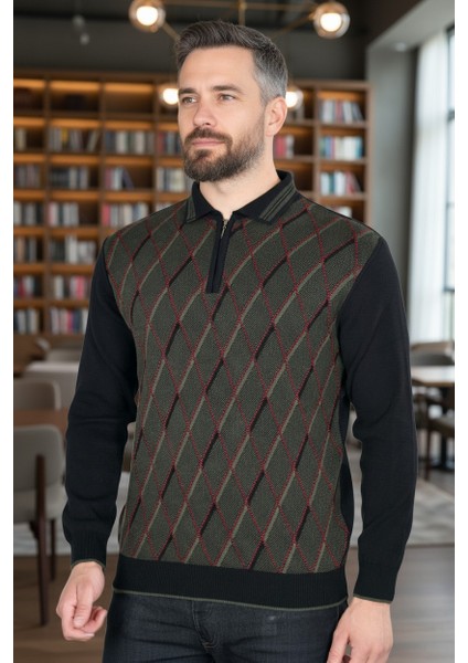 Erkek Çelik Örgü Ekose Desenli Gömlek Yaka Fermuarlı Polo Yakalı Tüylenmez Triko Kışlık Baba Kazak