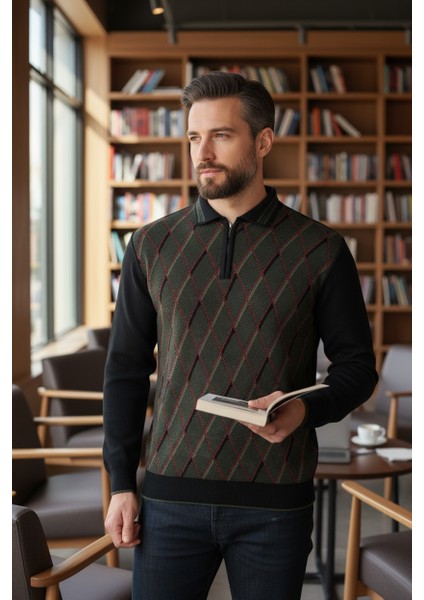 Erkek Çelik Örgü Ekose Desenli Gömlek Yaka Fermuarlı Polo Yakalı Tüylenmez Triko Kışlık Baba Kazak fiyatları