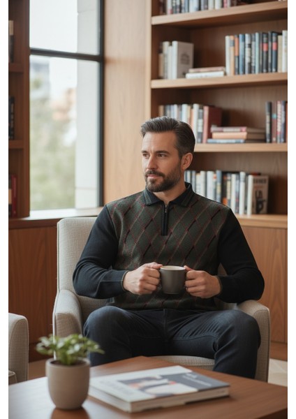 Erkek Çelik Örgü Ekose Desenli Gömlek Yaka Fermuarlı Polo Yakalı Tüylenmez Triko Kışlık Baba Kazak fırsatları