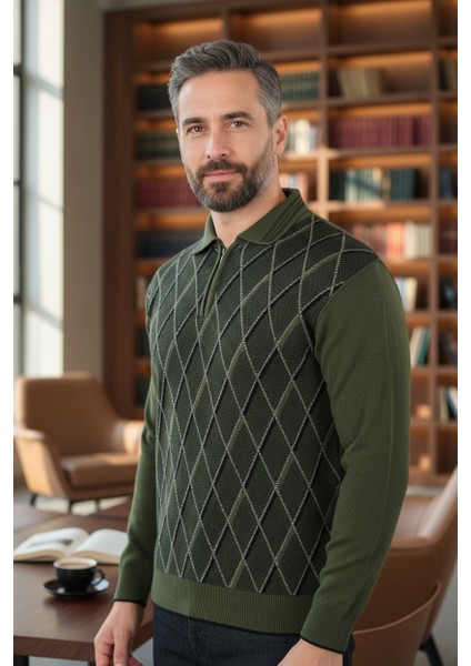 Erkek Çelik Örgü Ekose Desenli Gömlek Yaka Fermuarlı Polo Yakalı Tüylenmez Triko Kışlık Baba Kazak