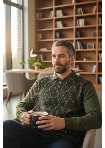 Erkek Çelik Örgü Ekose Desenli Gömlek Yaka Fermuarlı Polo Yakalı Tüylenmez Triko Kışlık Baba Kazak fiyatları