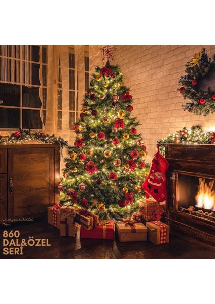 Premium Luxury Series 210 cm 860 Dallı Yılbaşı Çam Ağacı | Demir Gövde ve Demir Ayaklı, Yoğun ve Gerçekçi Görünüm, Kolay Kurulum, Ev, Ofis ve Mağaza Dekorasyonu İçin Noel Ağacı