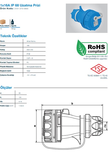 Electric 3101 370 0900 1X16 IP68 Uzatma Prizi modelleri