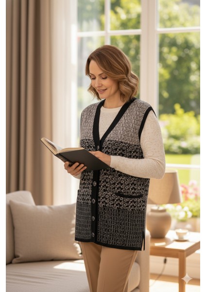 Kadın Triko Kışlık Motifli Düğmeli Çift Cepli Normal Kesim Likralı Yünlü Dokuma Kumaş Anne Yelek indirimleri