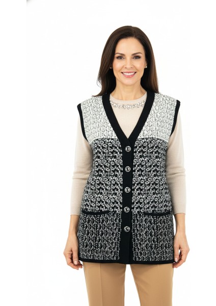 Kadın Triko Kışlık Motifli Düğmeli Çift Cepli Normal Kesim Likralı Yünlü Dokuma Kumaş Anne Yelek