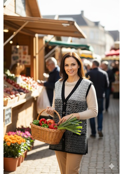 Kadın Triko Kışlık Motifli Düğmeli Çift Cepli Normal Kesim Likralı Yünlü Dokuma Kumaş Anne Yelek indirimleri